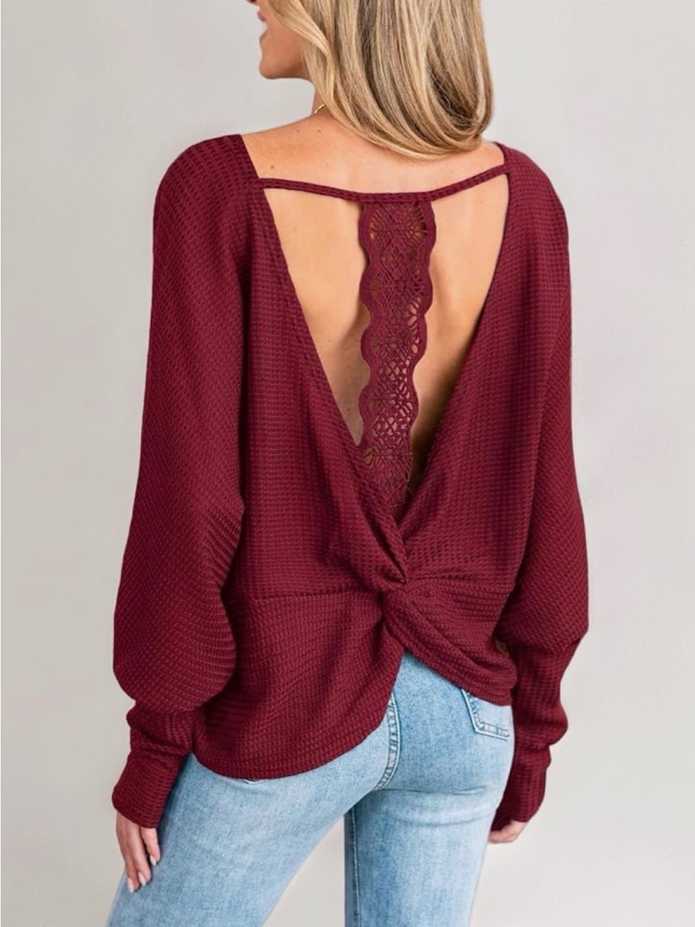 Cupshe Burgundy Waffle Knit Open-Back Lace-Trim Sweatshirt